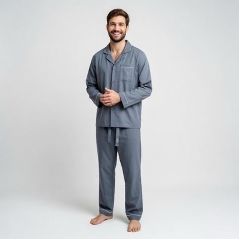 David Archy Cotton Men's Long Button-Down Pants Sleepwear Pajama Set Gray Sz XL